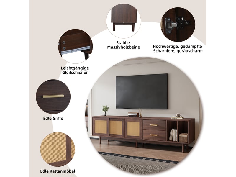  Meuble de rangement 190x40x52 cm, meuble de rangement de salon, armoire tv avec tiroirs en rotin marron avec 6 pieds de support  - Conforama D
