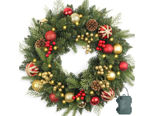 Couronne de noël pré-éclairée 40cm pour porte d'entrée – led blanc chaud, boules, aiguilles de pin et baies rouges