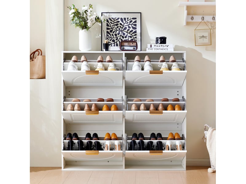 Meuble à chaussures 118x25x115 cm blanc avec 6 compartiments abattants - Conforama B