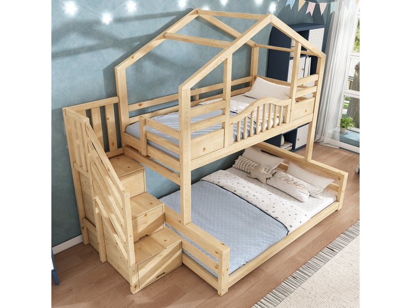 Lit superposé enfant 90140x200 cm- lit cabane - toit à pignon - escalier placard - 3 étagères - garde-corps - bois naturel - Conforama B