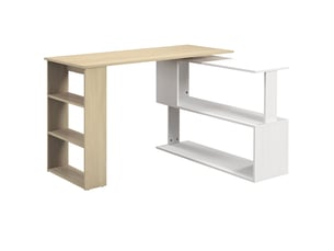 Bureau d'angle bureau informatique modulable bibliothèque intégrée + étagère 3 blanc niveaux et bois naturel