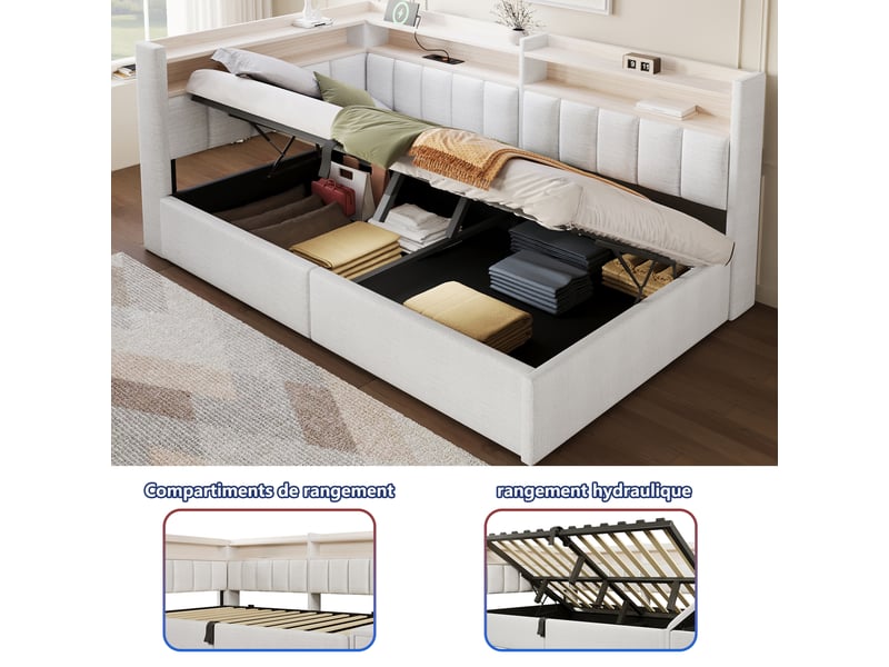 Lit coffre hydraulique 90x200 cm avec led, usb-a et usb-c et tête réversible, velours crème, sans matelas - Conforama E