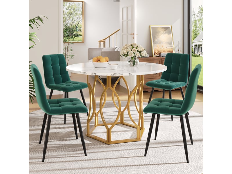  Ensemble repas 5 pièces avec table ronde diamètre 100 cm, plateau blanc effet marbre et 4 chaises en velours vert foncé  - Conforama C