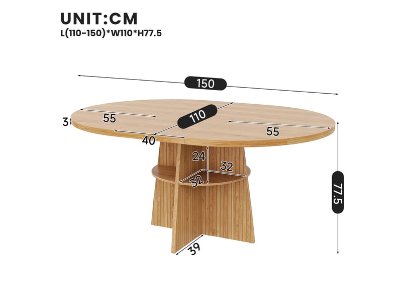 Table de salle à manger ronde extensible pour 2 à 8 personnes avec étagère en mdf naturel 110-150 × 110 × 77,5 cm - Conforama C