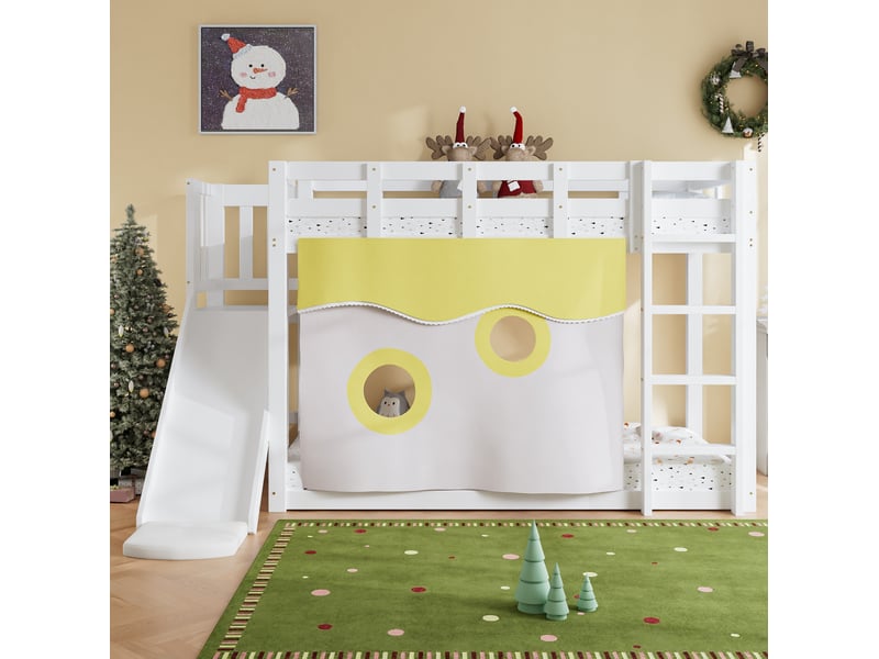  Lit superposé enfant 90x200 cm, lit avec toboggan, escalier et rideaux, chambre d'enfant, bois et mdf, sans matelas  - Conforama B