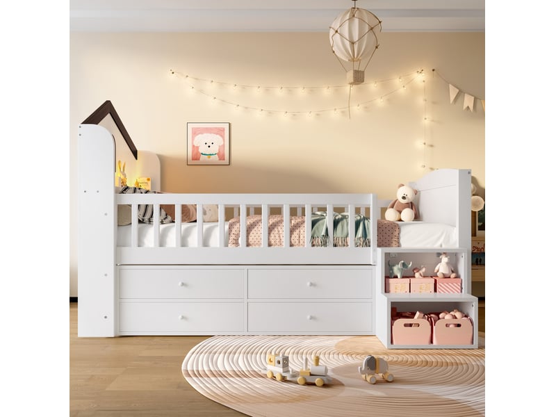  Lit semi-hauteur enfant 90 x 200 cm maison avec fenêtre, 4 tiroirs, échelle de rangement et led, blanc  - Conforama D