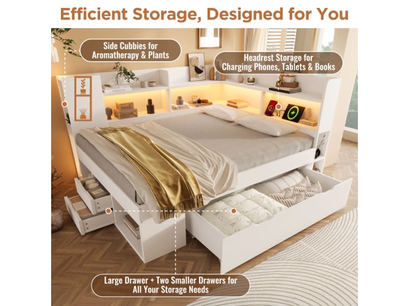  Lit 90x190 cm avec 3 tiroirs et led, lit enfant avec étagères et ports usb en bois blanc  - Conforama E