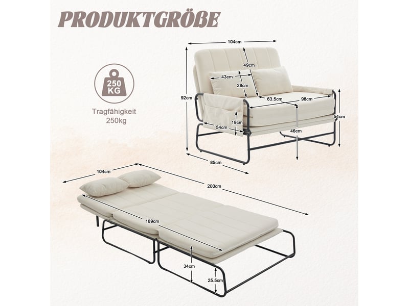 Canapé convertible 2 places 104x85x92 cm avec poches latérales en chenille beige - Conforama E
