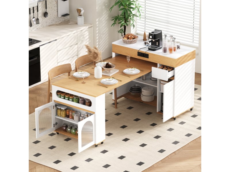 Îlot de cuisine sur roulettes – table extensible, verre strié, multiprises, buffet avec tiroir – blanc et naturel - Conforama B
