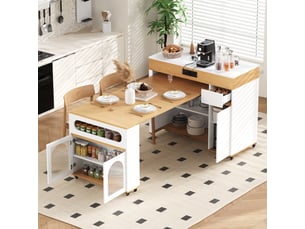 Îlot de cuisine sur roulettes – table extensible, verre strié, multiprises, buffet avec tiroir – blanc et naturel