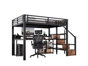 Lit mezzanine 140 × 200 cm avec bureau, étagères, échelle de rangement, led et ports usb-c, noir, en métal et mdf