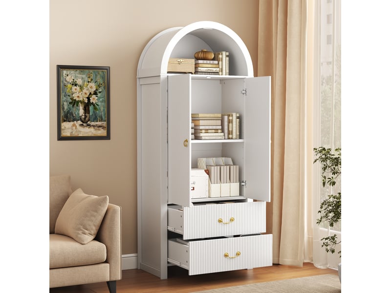 Buffet haut 76x38x180 cm avec led, 2 portes et 2 tiroirs, coloris blanc - Conforama B