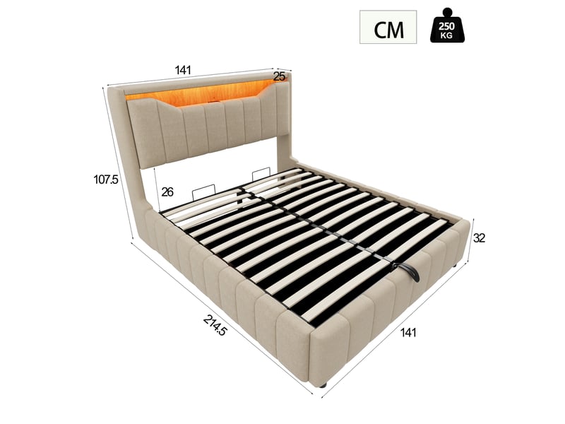  Lit coffre hydraulique 140x200 cm - lin beige - lit double avec tête de lit rembourré - bande led, usb et type-c  - Conforama C