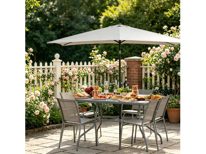  Table de jardin ulevr rectangulaire 8 places avec trou pour parasol, 120 x 80 x 70 cm, métal et verre trempé, gris  - Conforama D