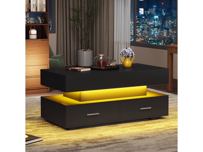 Table basse relevable avec 2 tiroirs, niche ouverte, led et rangement intégré pour salon, 100 × 50 × 44 cm  - Conforama C
