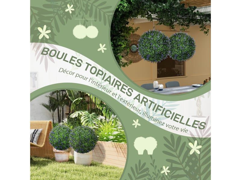  Lot de 2 boules topiaires artificielles, fausses plantes décoratives résistantes aux uv, violet et vert,  42 cm  - Conforama A