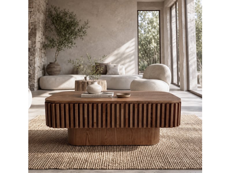  Table basse avec plateau amovible et rangement caché, finition noyer nervurée, en mdf plaqué bois, pour salon  - Conforama C