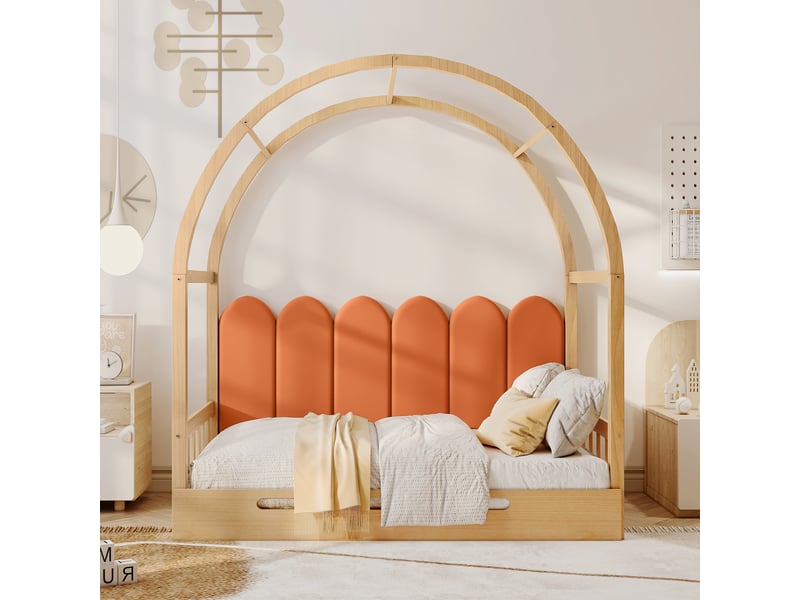  Lit coffre 90x200 cm avec dossier demi-cercle et rangement, velours, rose, sans matelas  - Conforama W