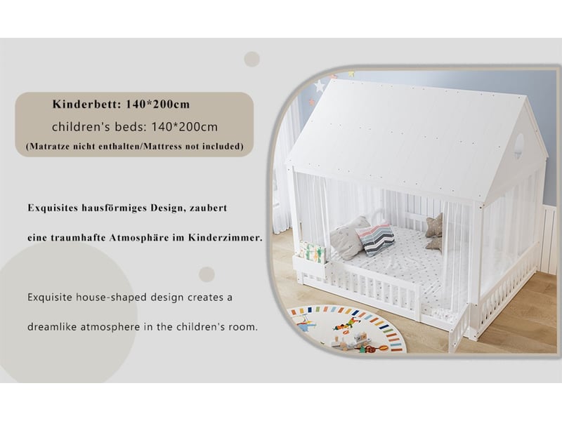 Lit enfant 140x200, univers ludique lit cabane enfant, structure bois massif, rangement intégré, rideaux décoratifs - Conforama D