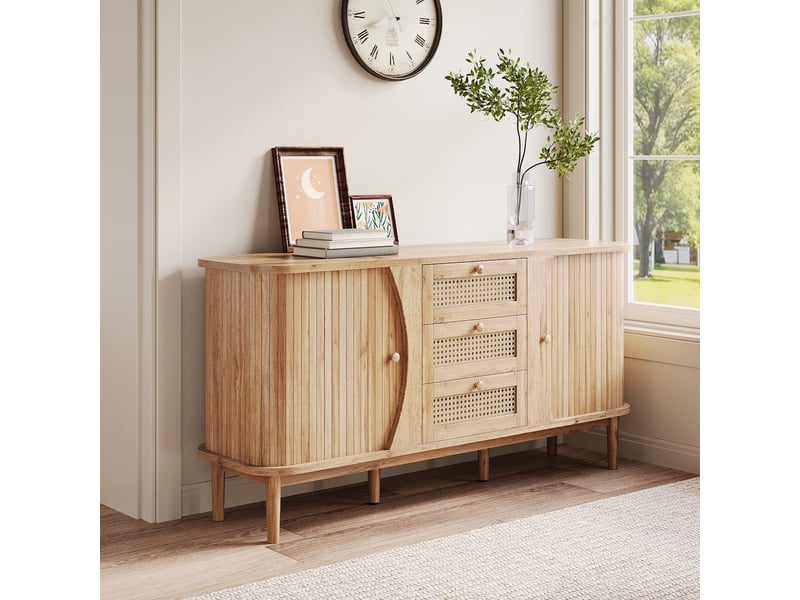  Buffet en rotin, portes coulissantes, étagères réglables, plateau incurvé, bois  - Conforama B