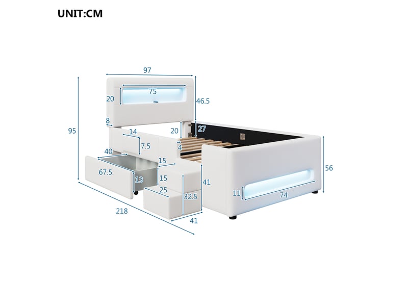  Modenvie lit enfant 90x200 cm - avec led, tiroir de rangement et escalier - pour chambre d'enfant - blanc  - Conforama C