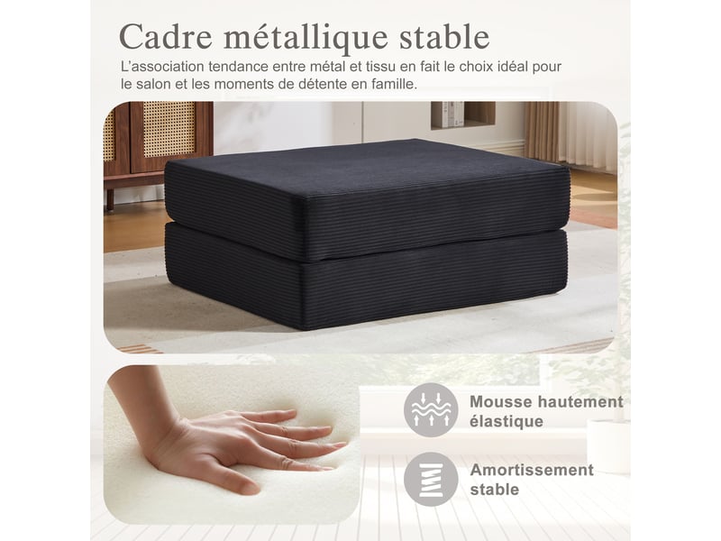  Tabouret de compression en velours côtelé – doux, doux pour la peau, 2 blocs de mousse épais pour un confort d'assise élevé. Dépliable en un seul HFSN-1227BK - Conforama E