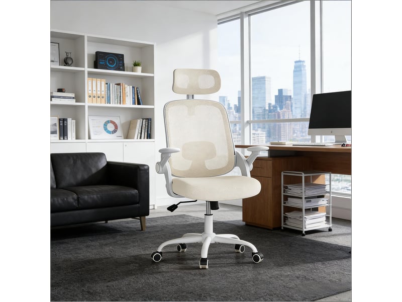  Chaise de bureau ergonomique pivotante avec dossier inclinable, accoudoirs réglables, en maille beige  - Conforama C