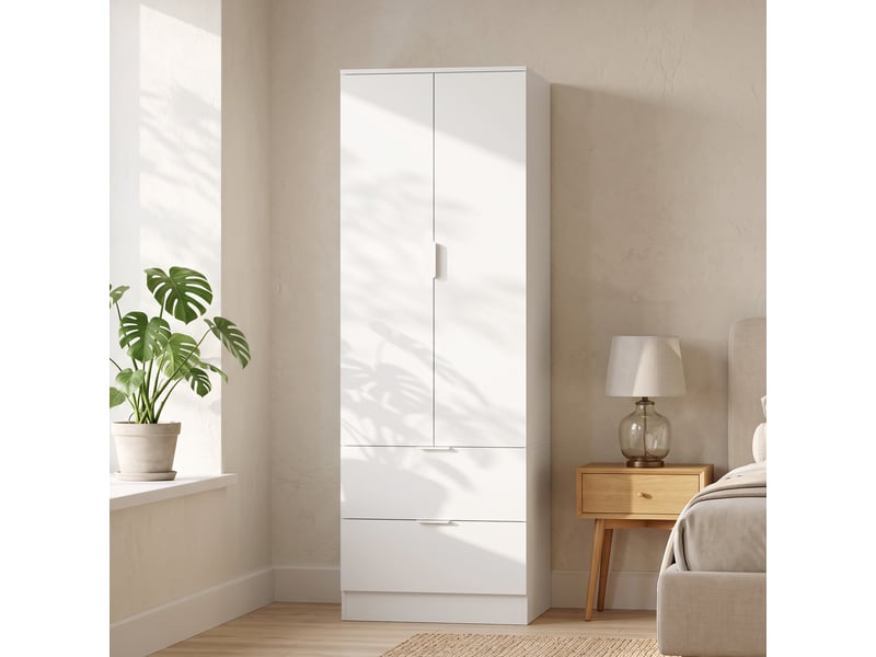  Armoire à 2 tiroirs, 2 portes à fermeture amortie et penderie, 60 x 47 x 180 cm, blanche  - Conforama C
