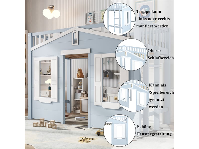  Lit mezzanine bleu 90x200 cm, pin, mdf et contreplaqué, échelle réversible, fenêtres et espace libre sous le couchage  - Conforama D