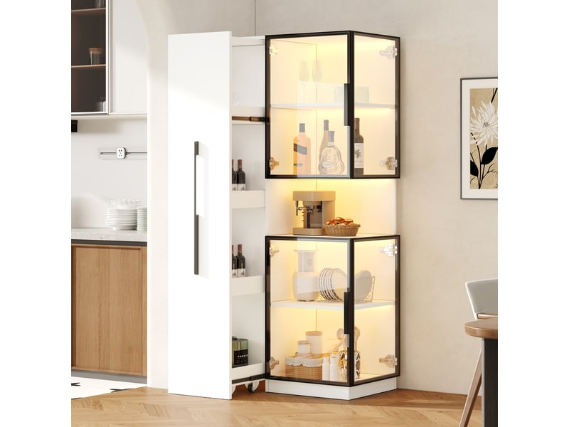  Vitrine armoire led 70x38x160cm meuble de rangement buffet haut avec éclairage led portes en verre étagère coulissante, blanc  - Conforama D