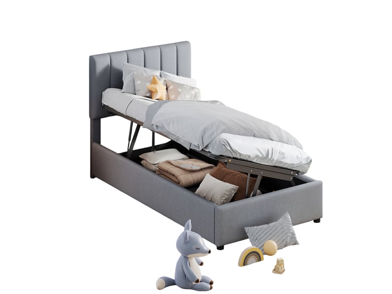 Lit coffre 90x200 cm - lit simple capitonné hydraulique - en lin - sans matelas - gris - Conforama A