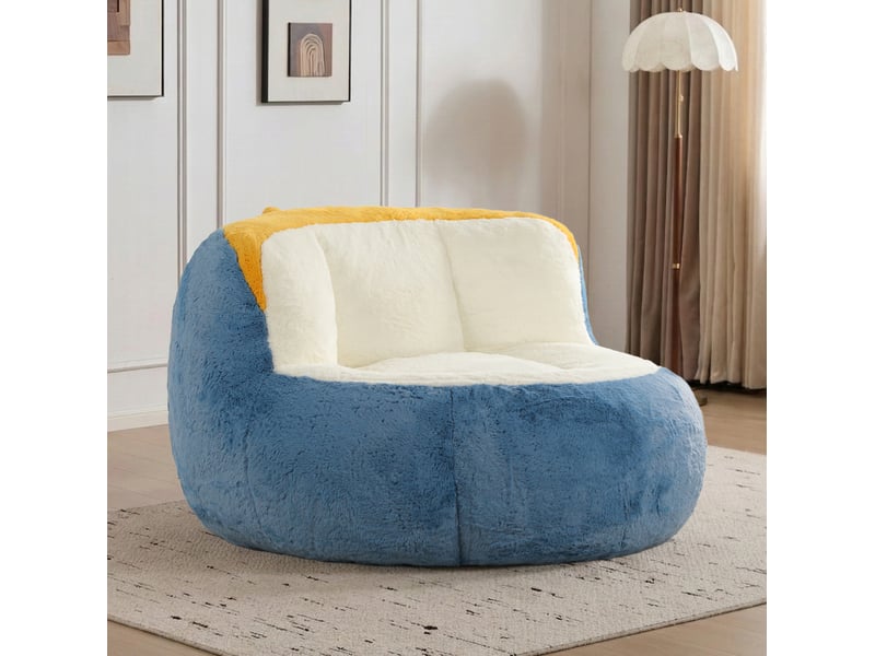 Fauteuil pouf grand format avec mousse déchiquetée, base antidérapante et poignée, en tissu bleu, blanc et jaune - Conforama C