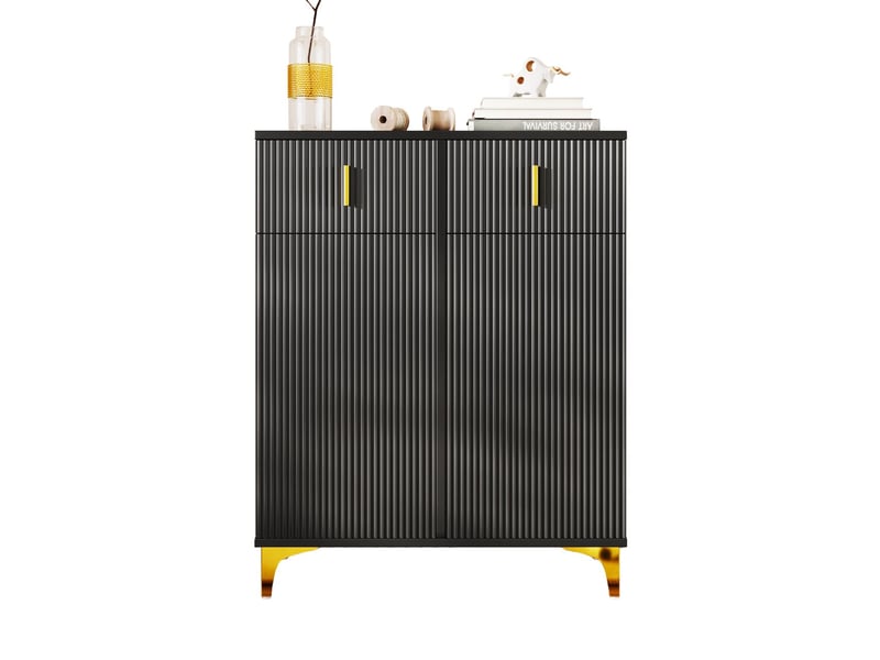  Meuble à chaussures 80x100x40, armoire à chaussures à tiroirs, portes, étagères réglables, panneaux structurés, détails dorés  - Conforama B