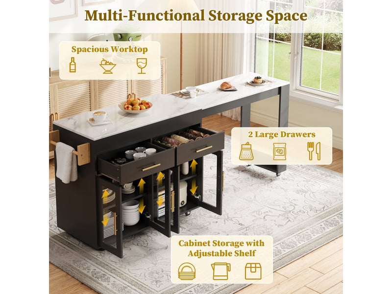 Desserte de cuisine mobile 132,5-217x50x93 cm, table bar extensible, roulettes, portes vitrées, tiroirs, rangement cuisine - noir - Conforama E