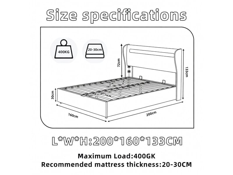  Lit coffre haut avec tête de lit led beige 160x200cm inclut matelas 160x200cm vérin pneumatique design moderne  - Conforama C