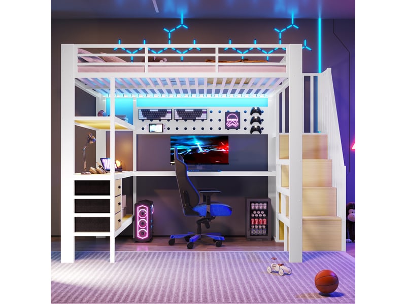 Lit mezzanine 140 × 200 cm 2 places avec 3 tiroirs, bureau, étagères, led réglable et prise, sans matelas, blanc - Conforama C