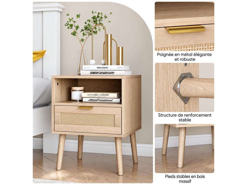  Table de chevet en bois et rotin tressé style bohème – bout de canapé avec 1 tiroir, niche ouverte et pieds en bois massif – 45 x 40 x 55 cm – finition chêne  - Conforama C