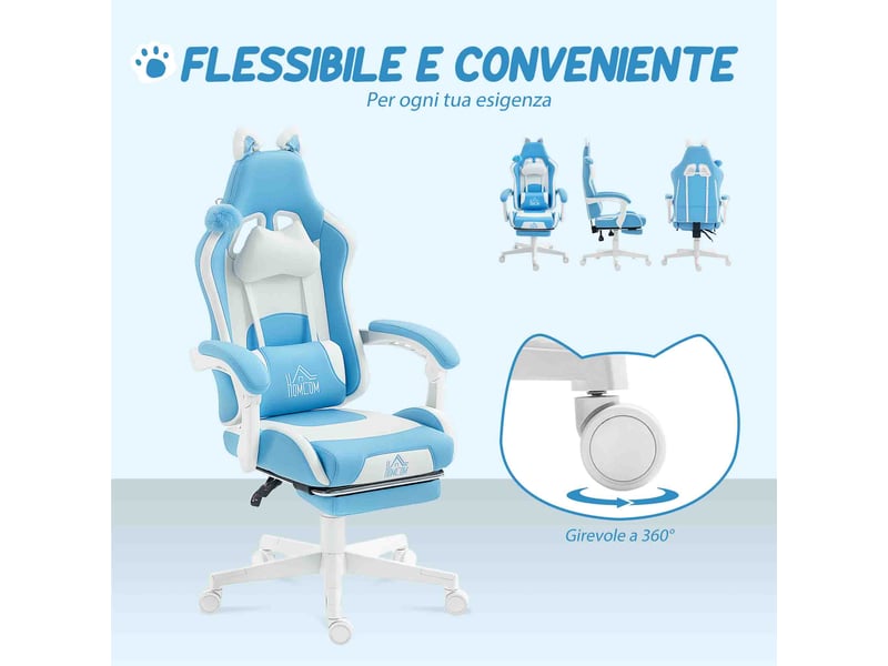  Chaise de bureau gaming bleue et blanche, chaise gaming avec repose-pieds intégré, dossier inclinable  - Conforama W