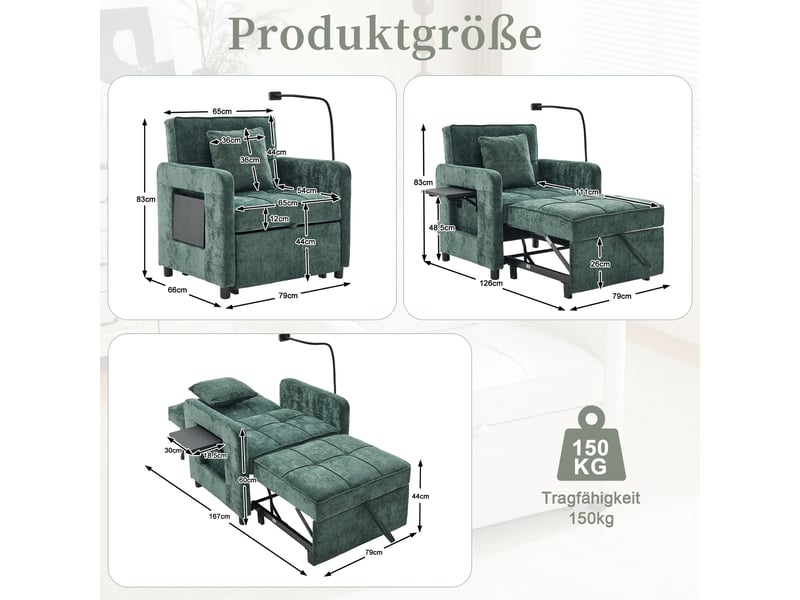  Fauteuil-lit convertible 2-en-1 en chenille vert, dossier réglable 5 positions, tablette et rangements, 167 cm IKSETERA TRADING LTD - Conforama C