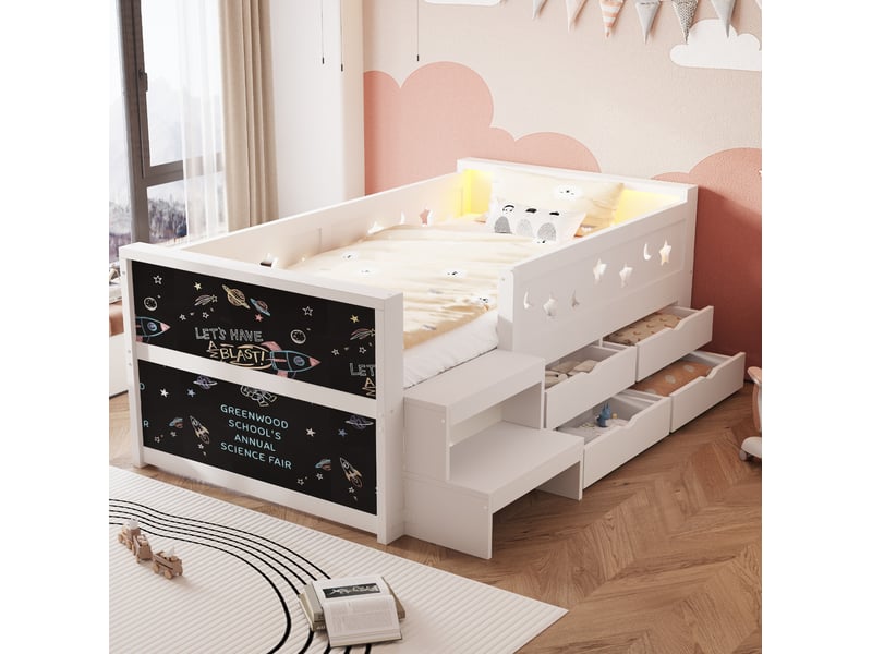  Lit enfant 90 × 200 cm 1 place avec 4 tiroirs, led, tableau et barrières, sans matelas, en bois, blanc  - Conforama B