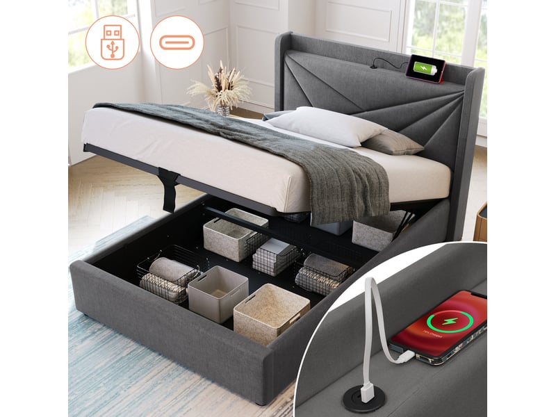  Lit coffre adulte 90x200 cm – gris – tête de lit géométrique avec usb et usb-c  - Conforama E