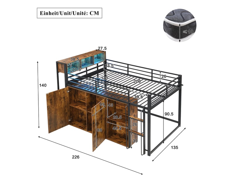  Lit mezzanine 120 x 200 cm - avec prise de courant et lumière led - avec casiers et compartiments de rangement ouverts - noir (matelas non inclus)  - Conforama C