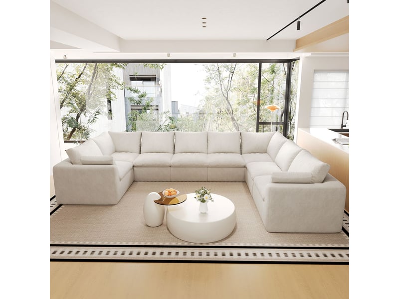  Canapé 375 x 245 cm 8 places forme en u mousse compressée beige et blanc emballage sous vide  - Conforama B