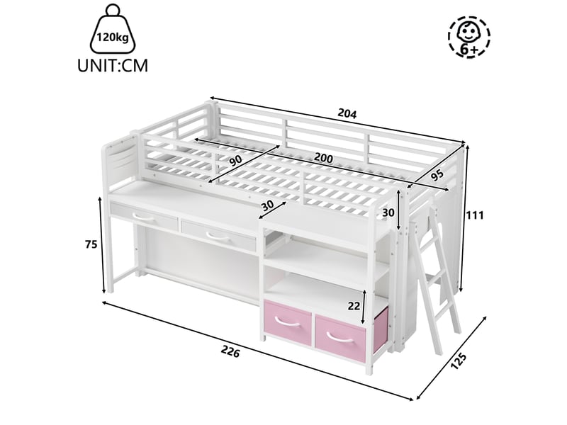  Lit mezzanine enfant 90x200 cm avec bureau, rangements tiroirs tissu, led métal blanc sans matelas  - Conforama C