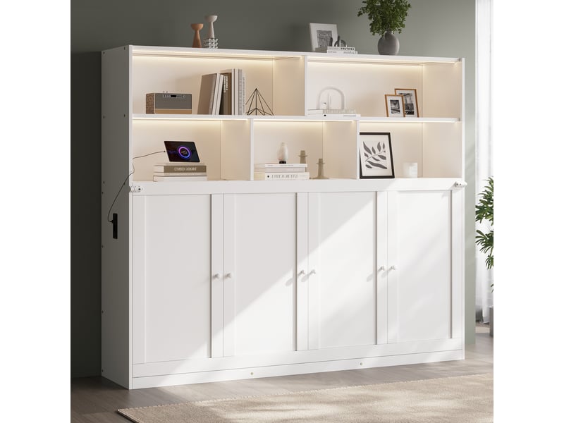 Lit escamotable 1 place 90x200 cm,gain de place,rangements latéraux,led pilotée par application,usb,usb-c et prise,bois,blanc - Conforama D