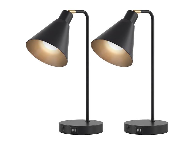  Lot de 2 lampes de table modernes en acier avec ports usb, douille e27, noires  - Conforama A