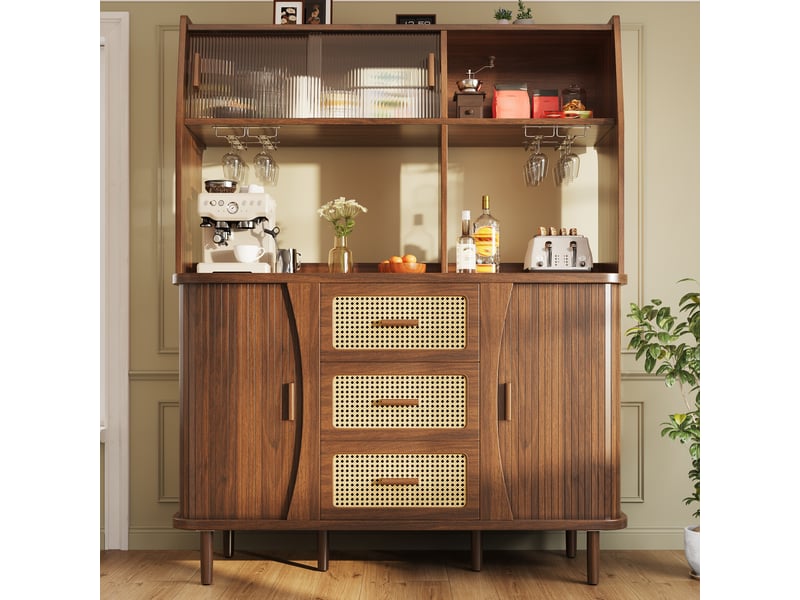 Buffet vaisselier 174,5 cm avec portes vitrées coulissantes, buffet haut avec 3 tiroirs effet rotin, porte-verres, pieds réglables, bois noyer OPULERANE TRADING LTD - Conforama A