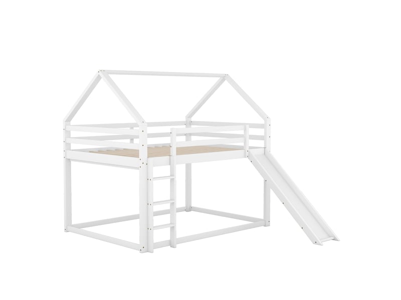  Lit superposé enfant 140x200 cm avec toboggan et échelle, structure maison en pin et mdf, blanc  - Conforama W