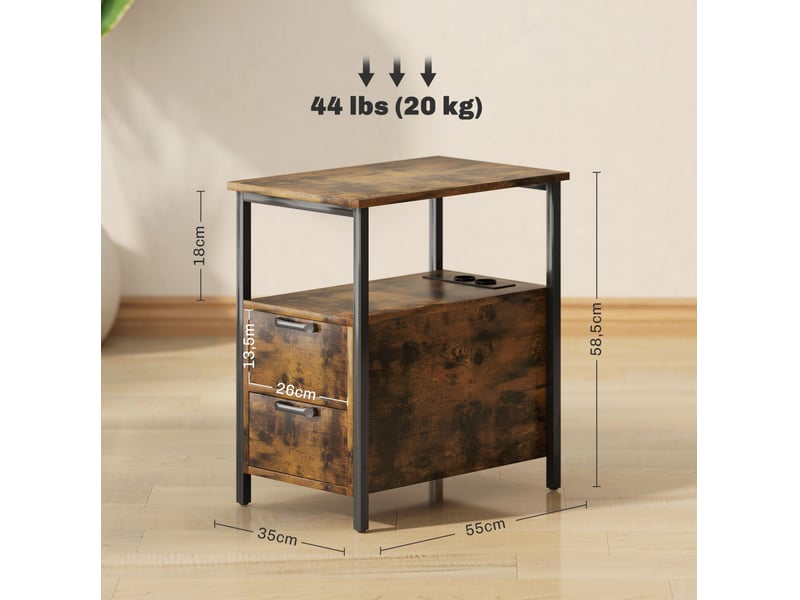 Table de chevet avec 2 tiroirs, niche ouverte et prises intégrées, pour chambre ou salon, marron, 55 × 35 × 58,5 cm - Conforama E