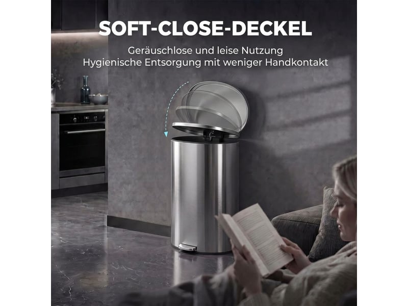  Poubelle de cuisine - poubelle à pédale avec couvercle à fermeture amortie et eau intérieure amovible, 30 l, argentée  - Conforama E